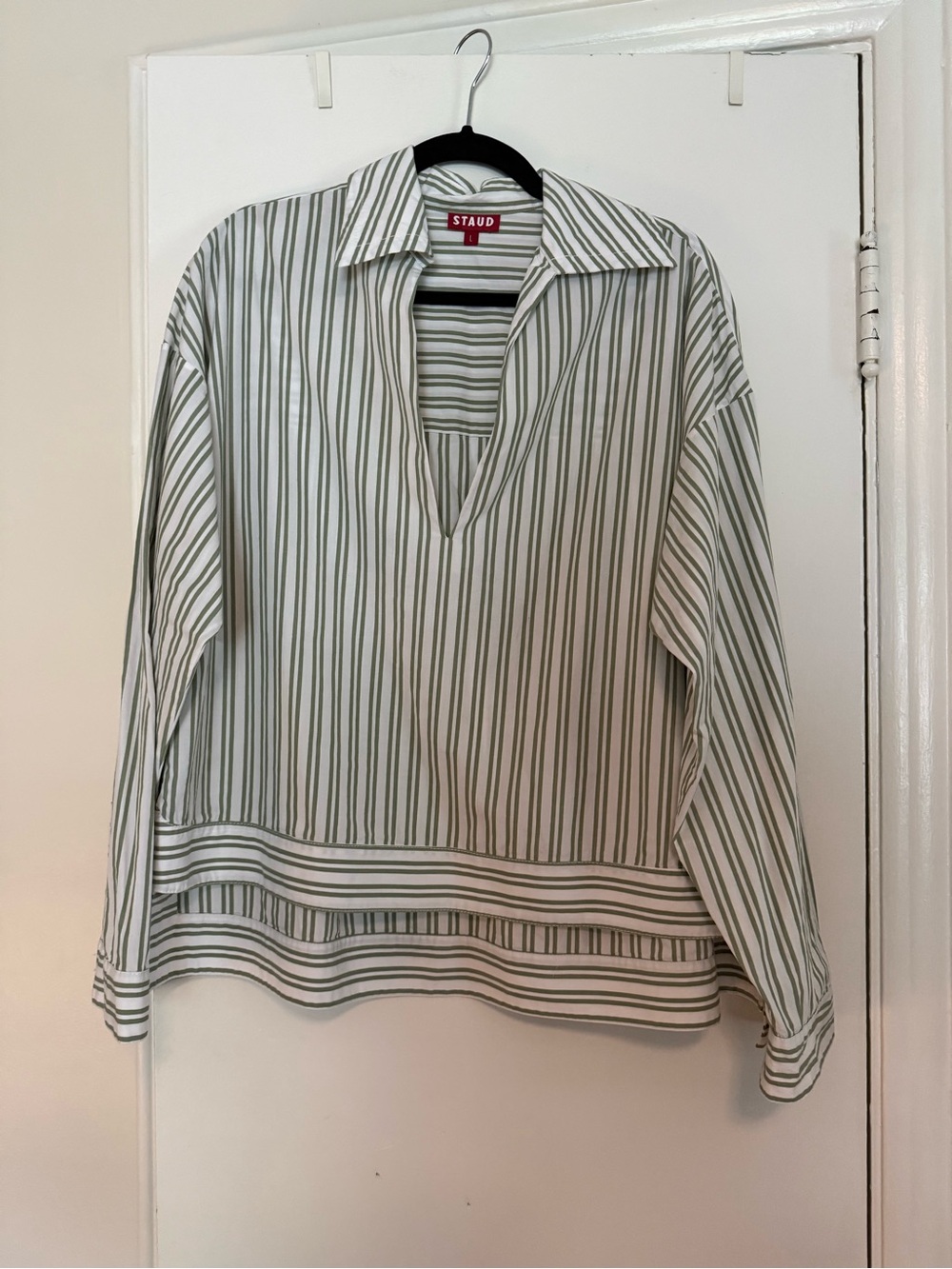 STAUD Green Stripe Popover Shirt